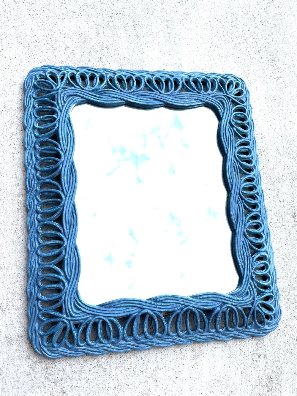 Hoda Mirror Blue 1981 Vintage Faux Wicker 3950 Wall Vertical/Horizontal Accent